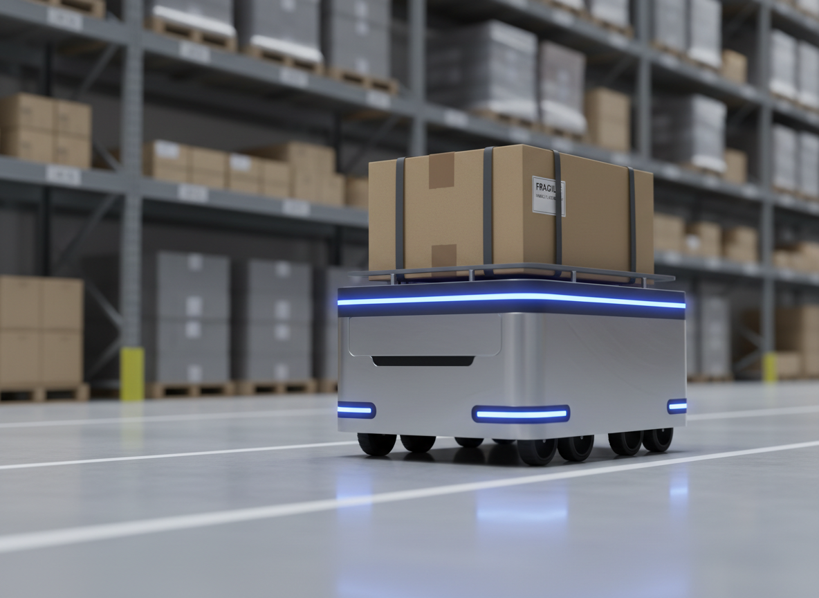 A sleek autonomous warehouse robot with a brushed aluminum chassis, compact rectangular body, and glowing blue status lights gently pulsing along its edges, carefully transporting a neatly wrapped cardboard package. It moves along a pristine polished concrete floor marked with subtle white guidance lines, surrounded by tall, softly blurred shelving units filled with uniformly stacked boxes. Cool, diffused overhead LED lighting creates clean reflections on the robot’s smooth surfaces and faint shadows beneath its wheels. Photographed at eye level with a slight three-quarter angle, the composition follows the rule of thirds, emphasizing motion and reliability. The mood is professional, efficient, and high-tech, with photographic realism and a clean, modern logistics aesthetic that conveys trust in automated transport.